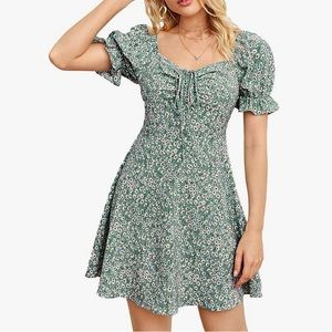 Verdusa Women's Floral Puff Short Sleeve Ruched A Line Mini Dress